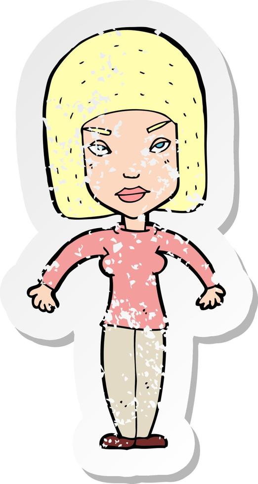 retro distressed sticker of a cartoon woman shrugging shoulders vector