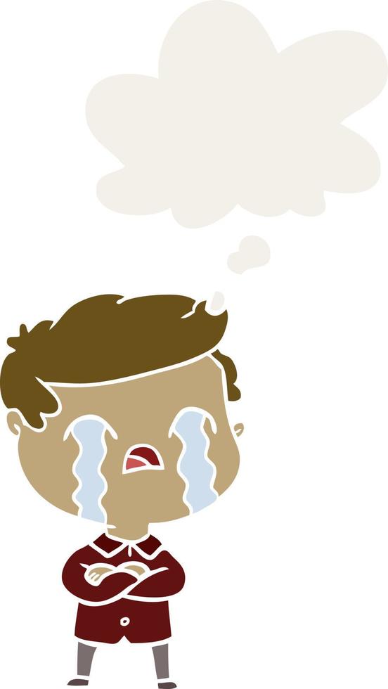 cartoon man crying and thought bubble in retro style vector