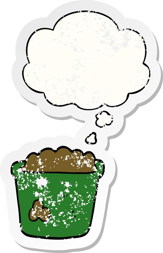 cartoon pot of earth and thought bubble as a distressed worn sticker vector