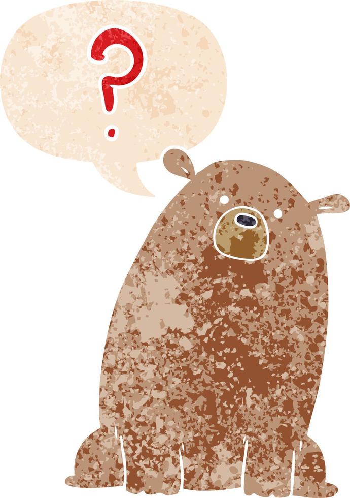 cartoon curious bear and speech bubble in retro textured style vector