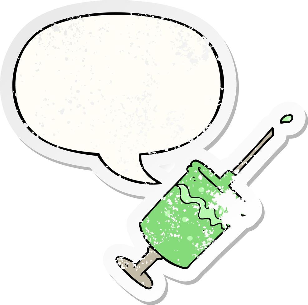 cartoon syringe needle and speech bubble distressed sticker vector