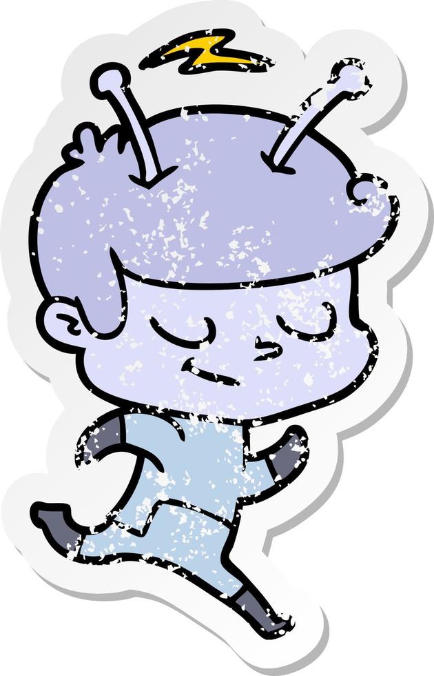distressed sticker of a friendly cartoon spaceman running vector