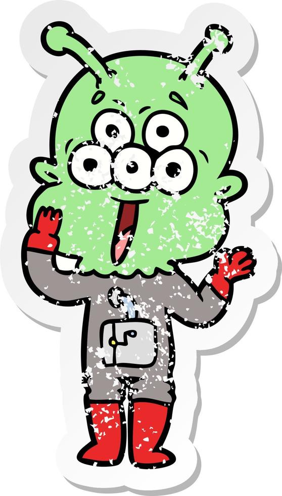 distressed sticker of a happy cartoon alien vector