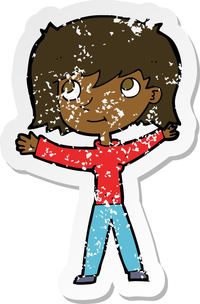 retro distressed sticker of a cartoon happy girl vector