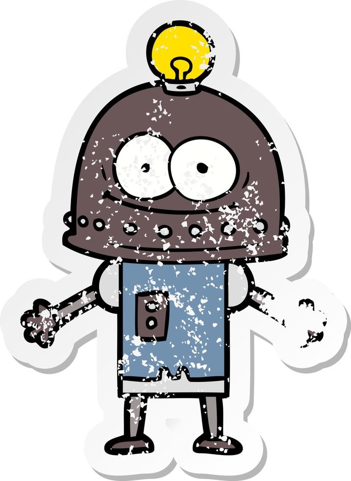 distressed sticker of a happy carton robot with light bulb vector