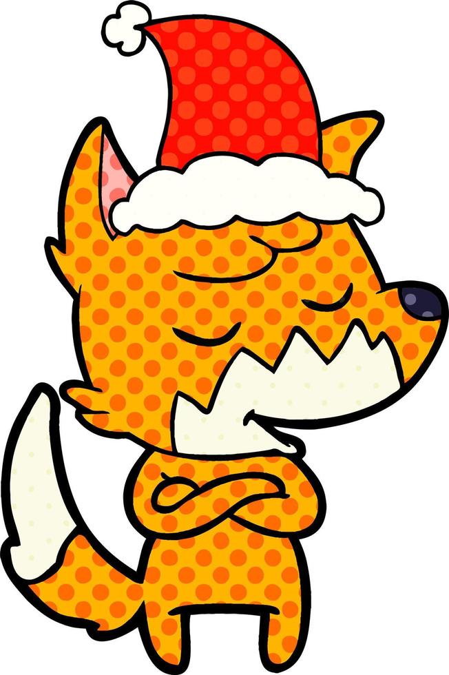 friendly comic book style illustration of a fox wearing santa hat vector