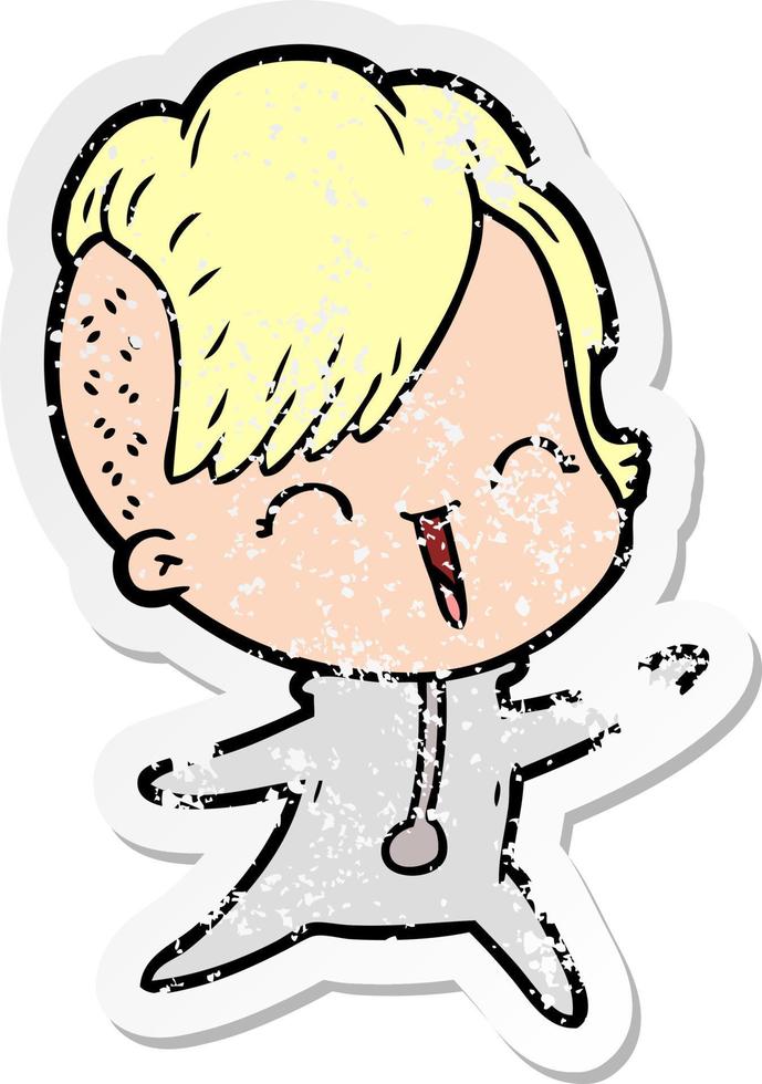 distressed sticker of a happy cartoon hipster girl vector
