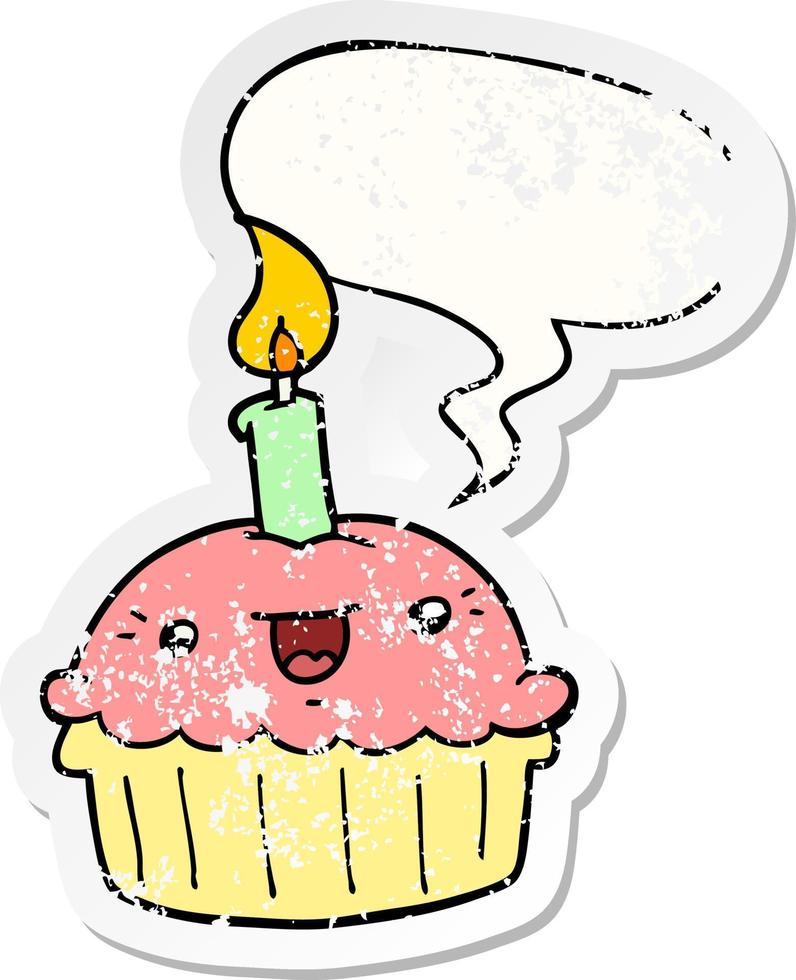 cartoon cupcake and candle and speech bubble distressed sticker vector