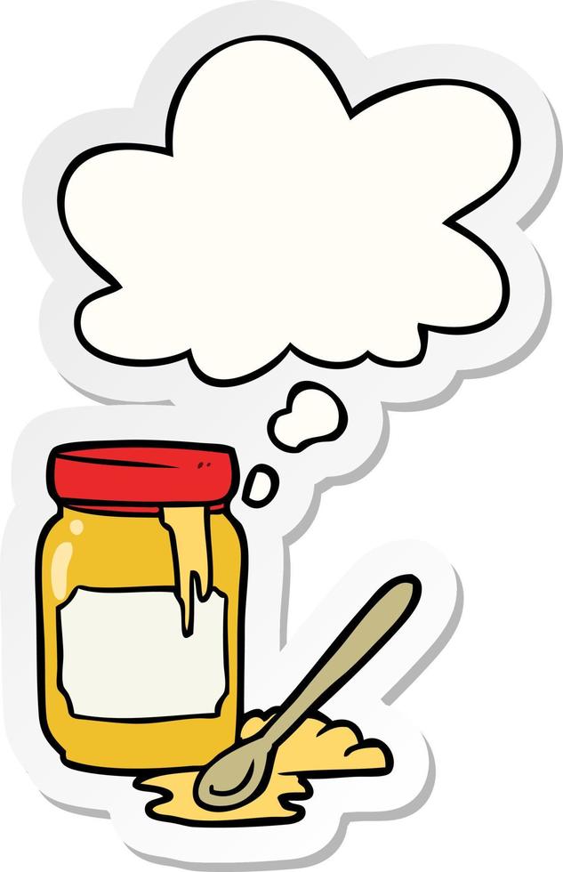 cartoon jar of honey and thought bubble as a printed sticker vector