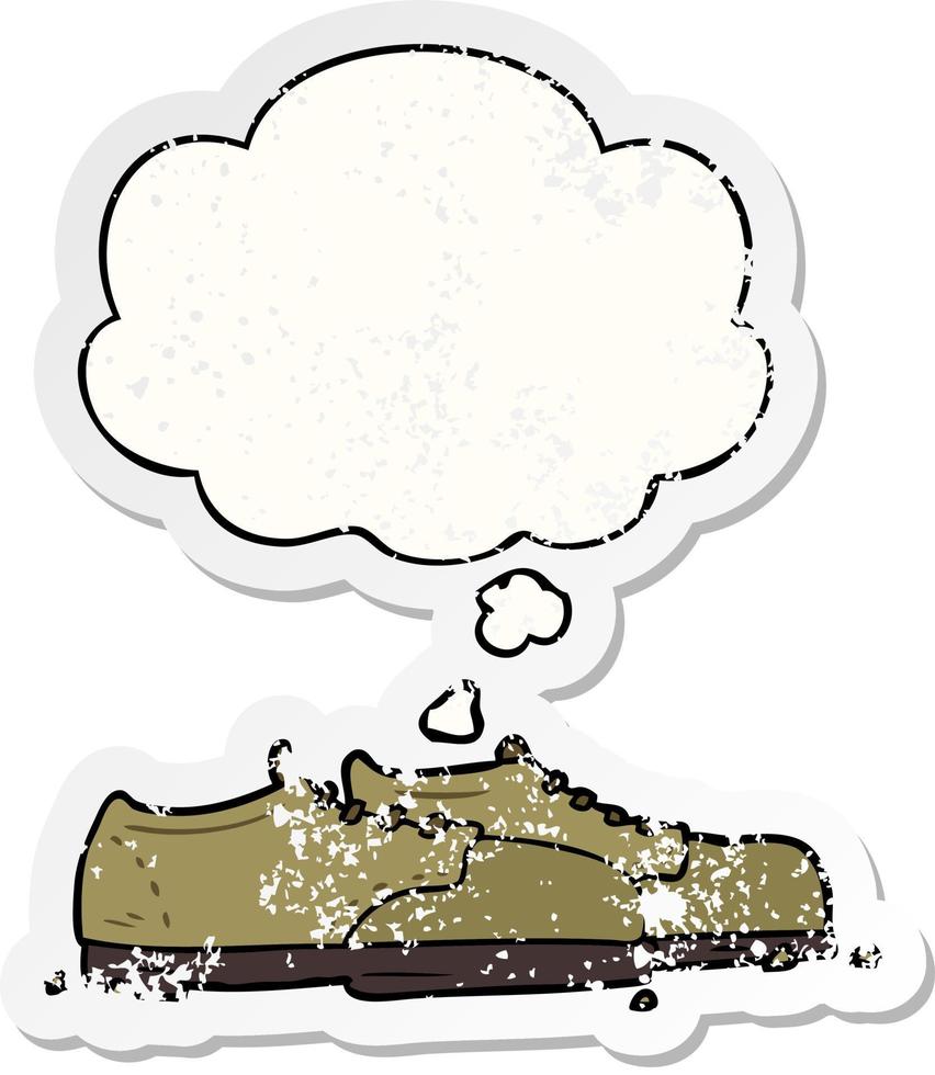 cartoon shoes and thought bubble as a distressed worn sticker vector