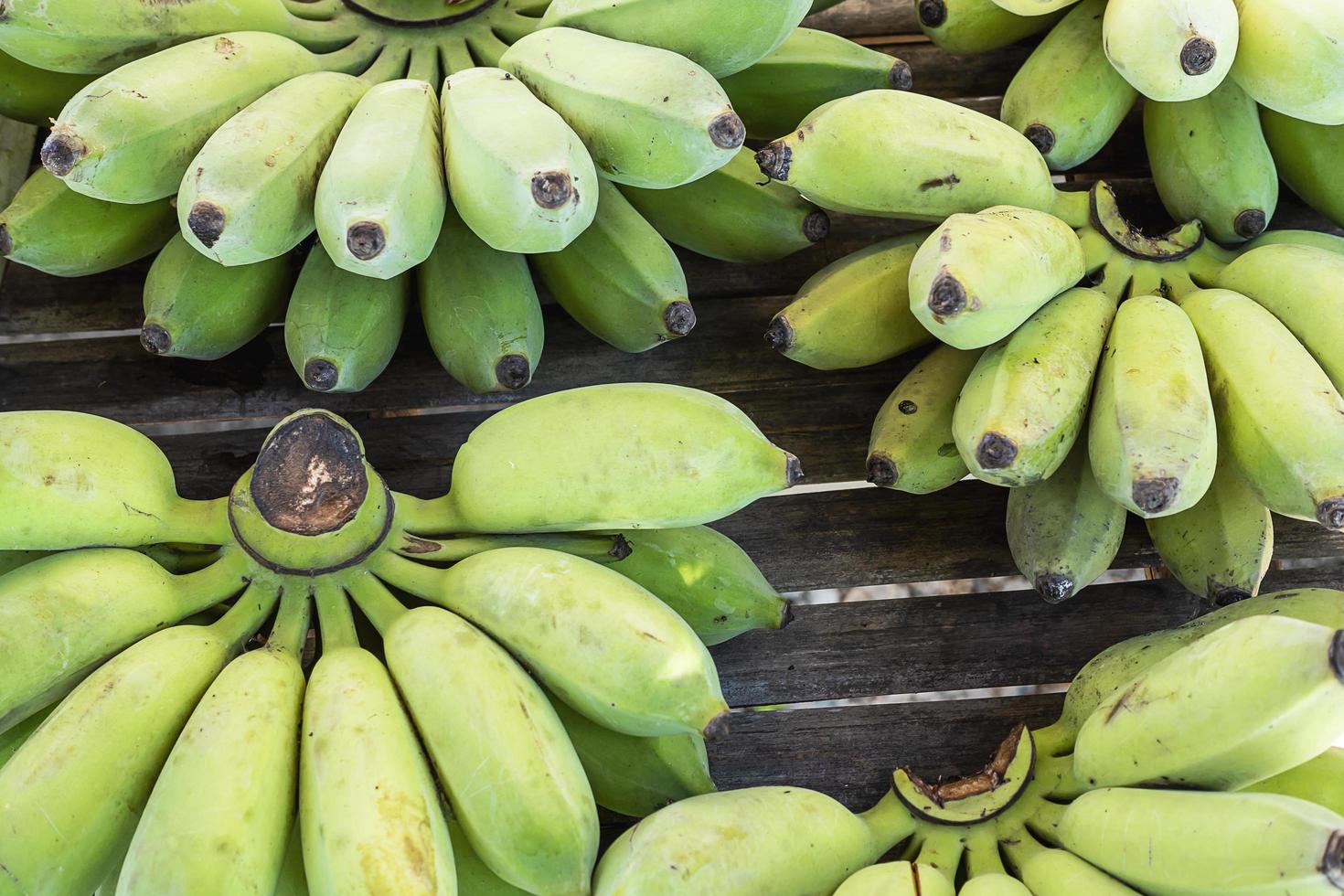 Fresh green organic banana hand ready for sell in Thailand local market - banana in a row fruit background concept photo