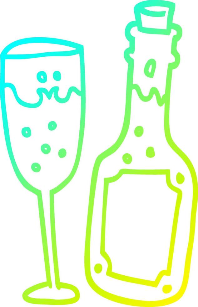 cold gradient line drawing cartoon champagne bottle and glass vector