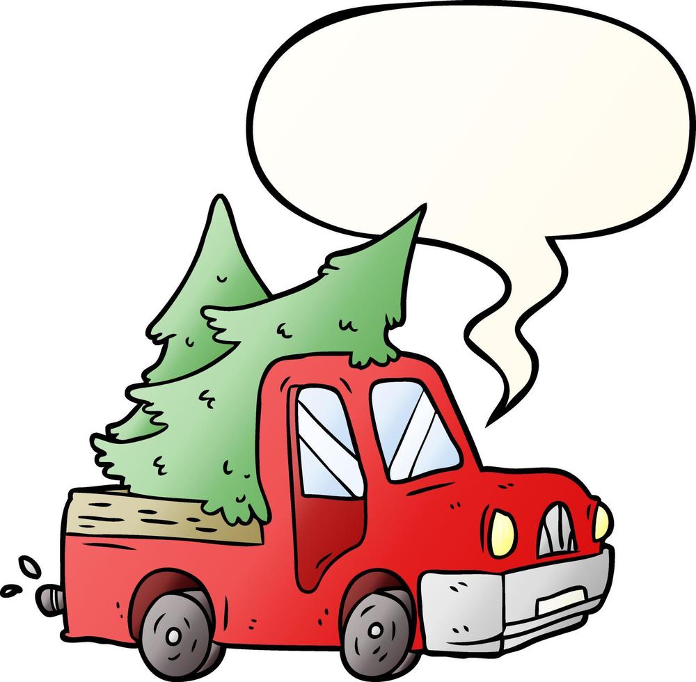 cartoon pickup truck carrying christmas trees and speech bubble in smooth gradient style vector