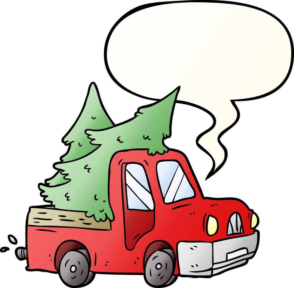 Camioneta de dibujos animados que lleva árboles de Navidad y burbujas de voz en un estilo de gradiente suave vector