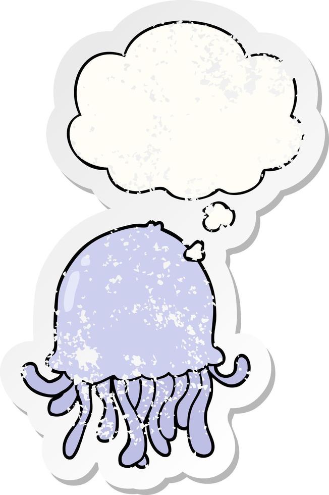 cartoon jellyfish and thought bubble as a distressed worn sticker vector