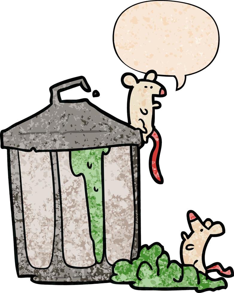 cartoon old metal garbage can and mice and speech bubble in retro texture style vector