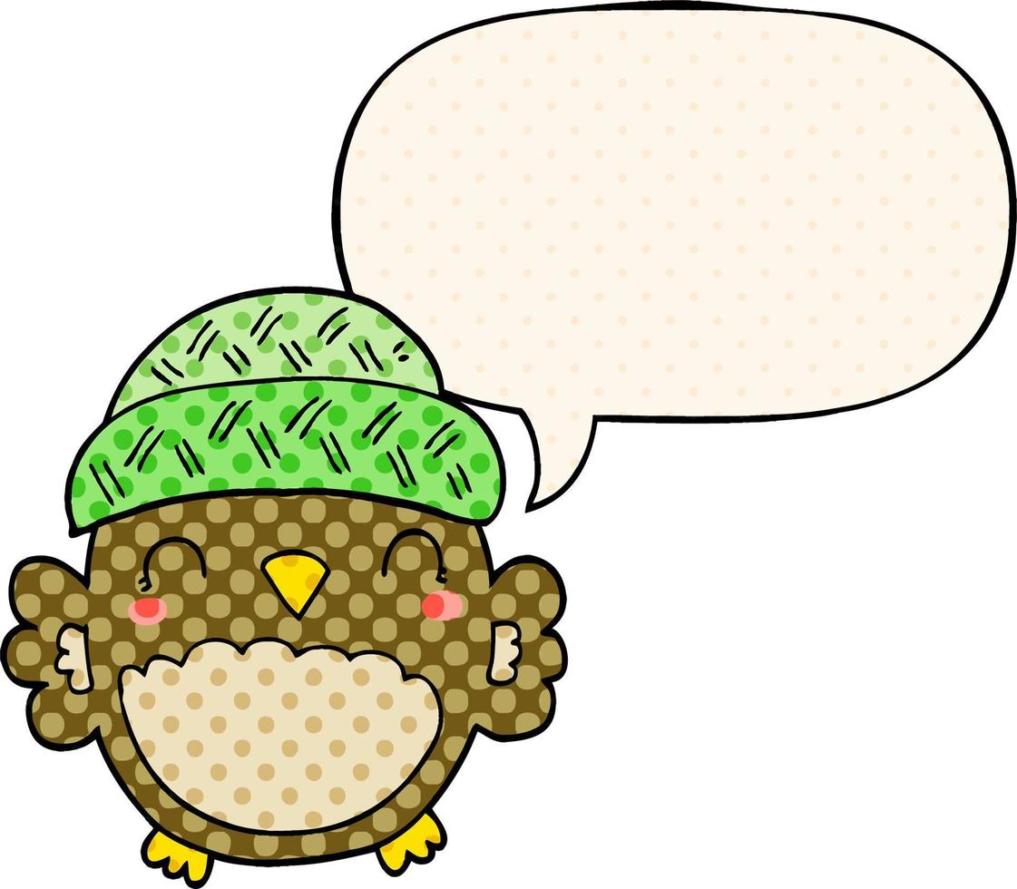 cute cartoon owl in hat and speech bubble in comic book style vector