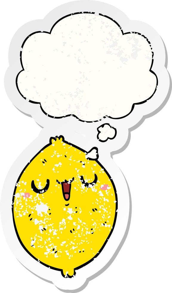 cartoon happy lemon and thought bubble as a distressed worn sticker vector