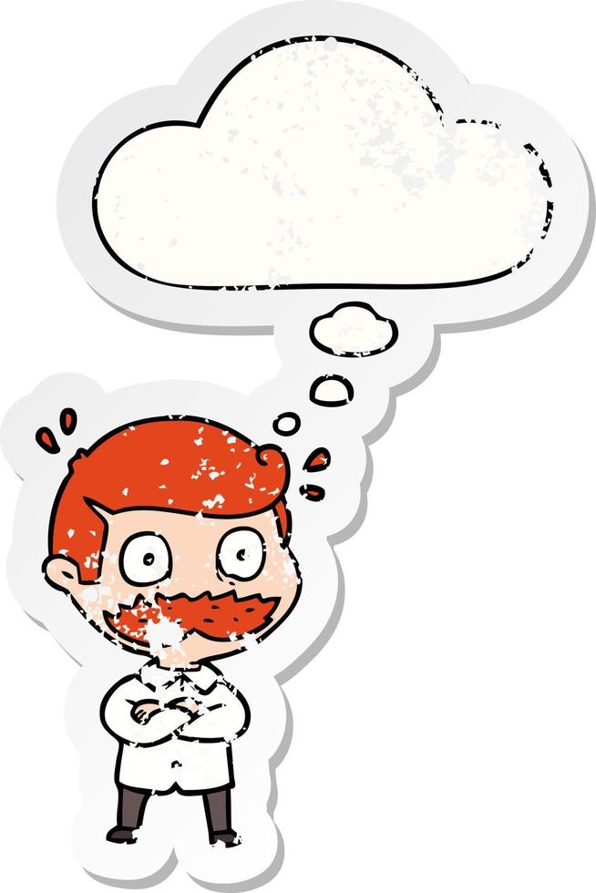 cartoon man with mustache shocked and thought bubble as a distressed worn sticker vector