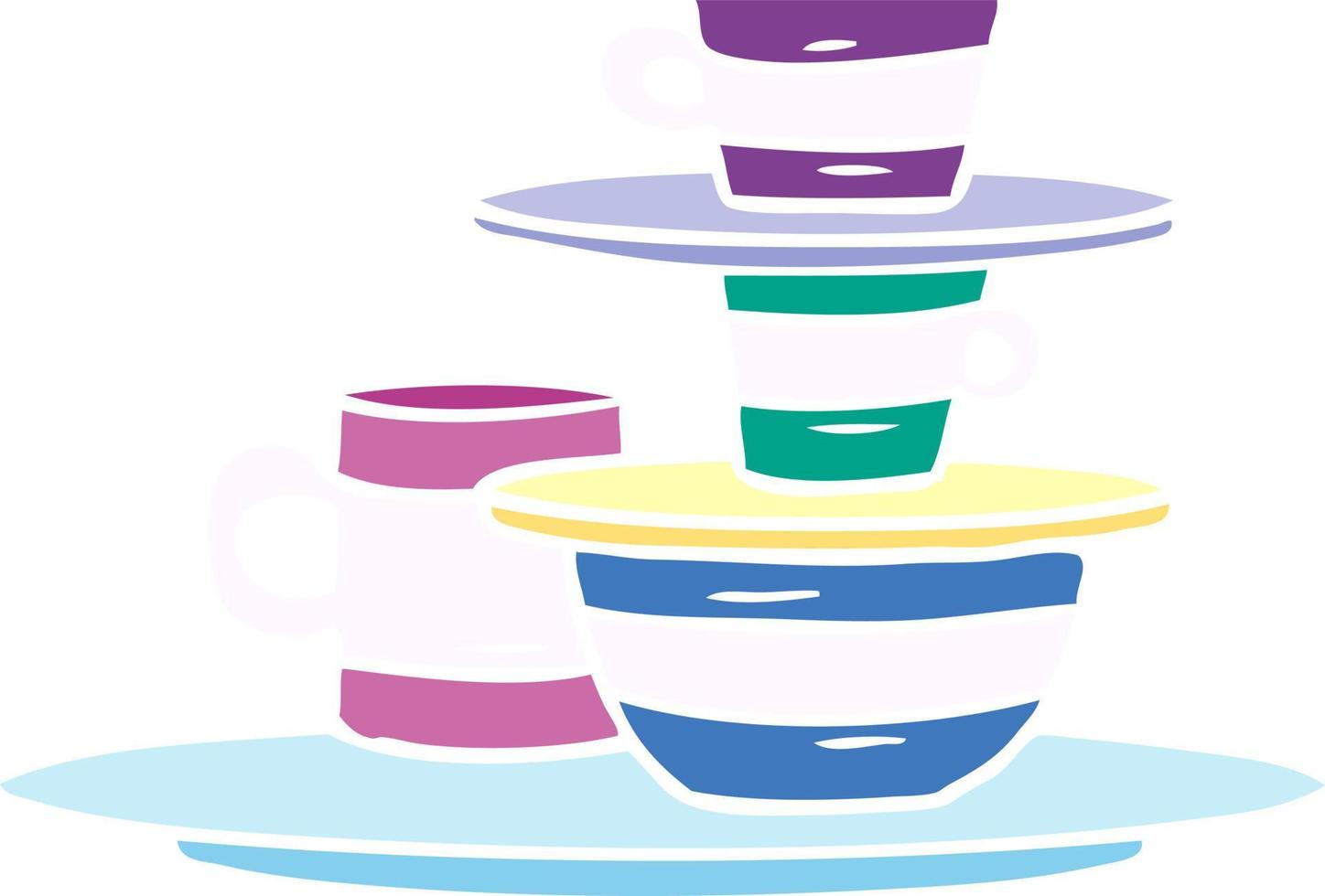 cartoon doodle of colourful bowls and plates vector