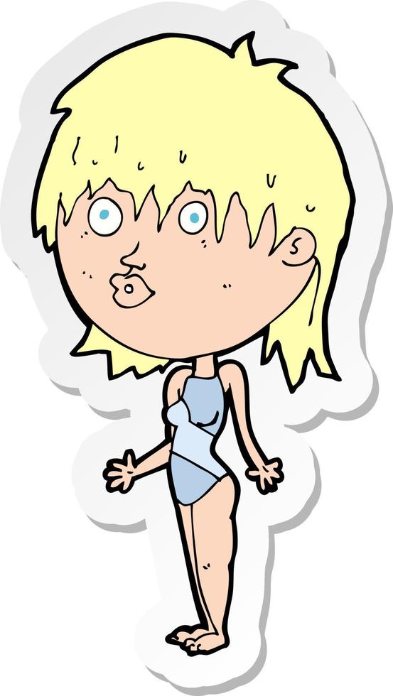 sticker of a cartoon woman in swimsuit shrugging shoulders vector