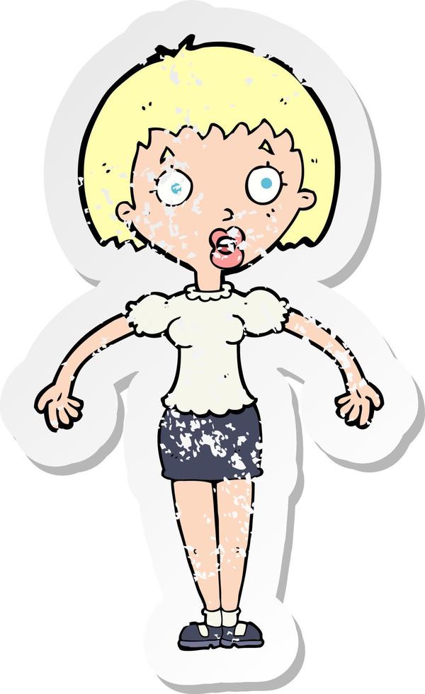 retro distressed sticker of a cartoon confused woman shrugging shoulders vector