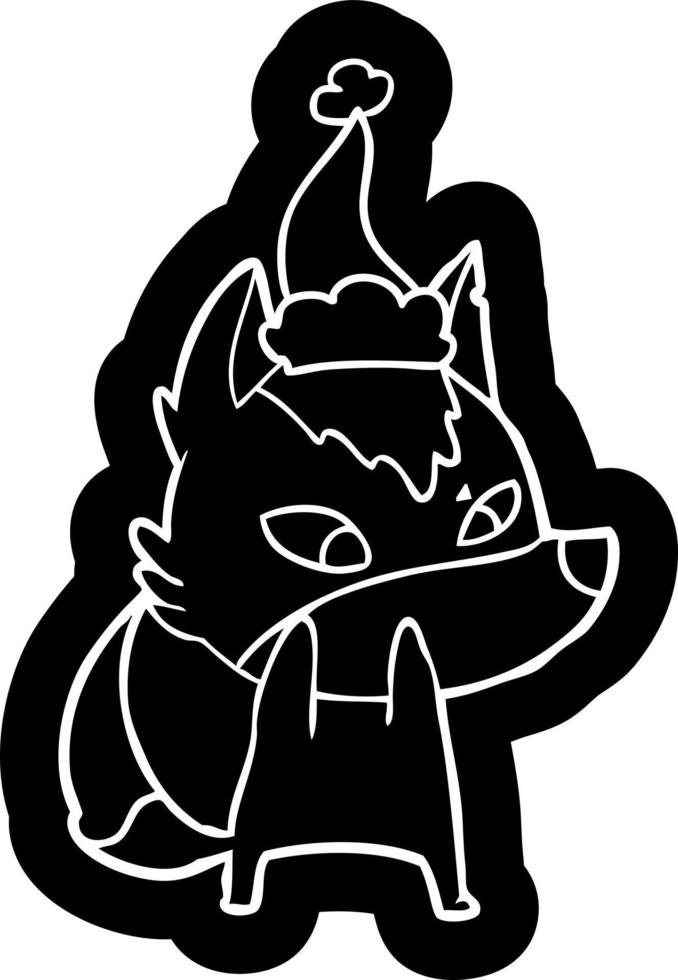 shy cartoon icon of a wolf wearing santa hat vector