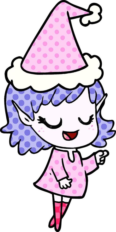 happy comic book style illustration of a elf girl pointing wearing santa hat vector