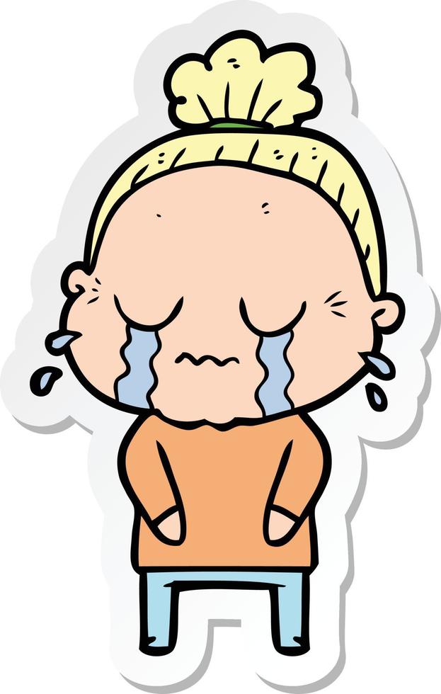 sticker of a cartoon crying old lady vector