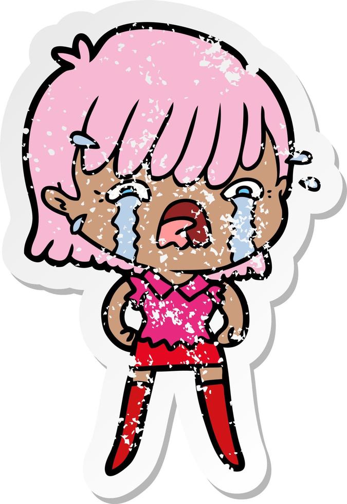 distressed sticker of a cartoon girl crying vector