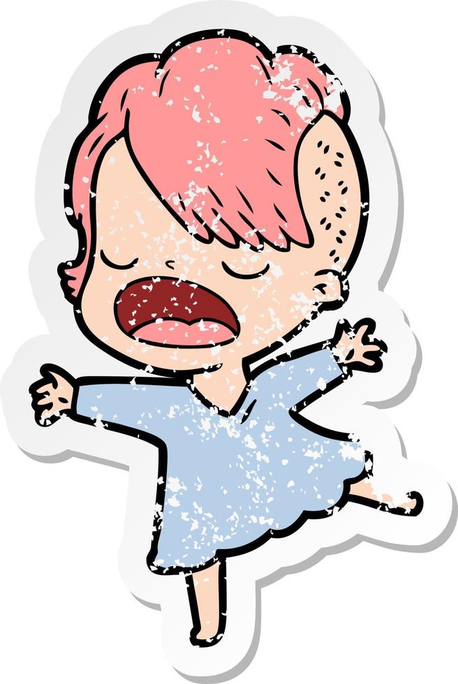 distressed sticker of a cartoon cool hipster girl talking vector