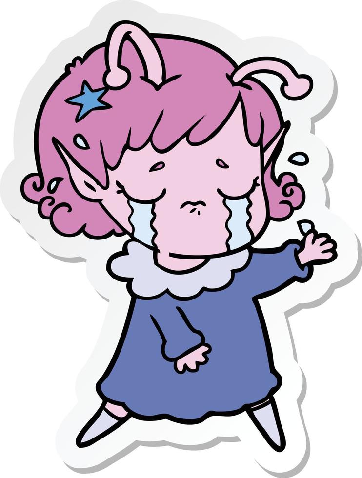 sticker of a cartoon crying alien girl vector