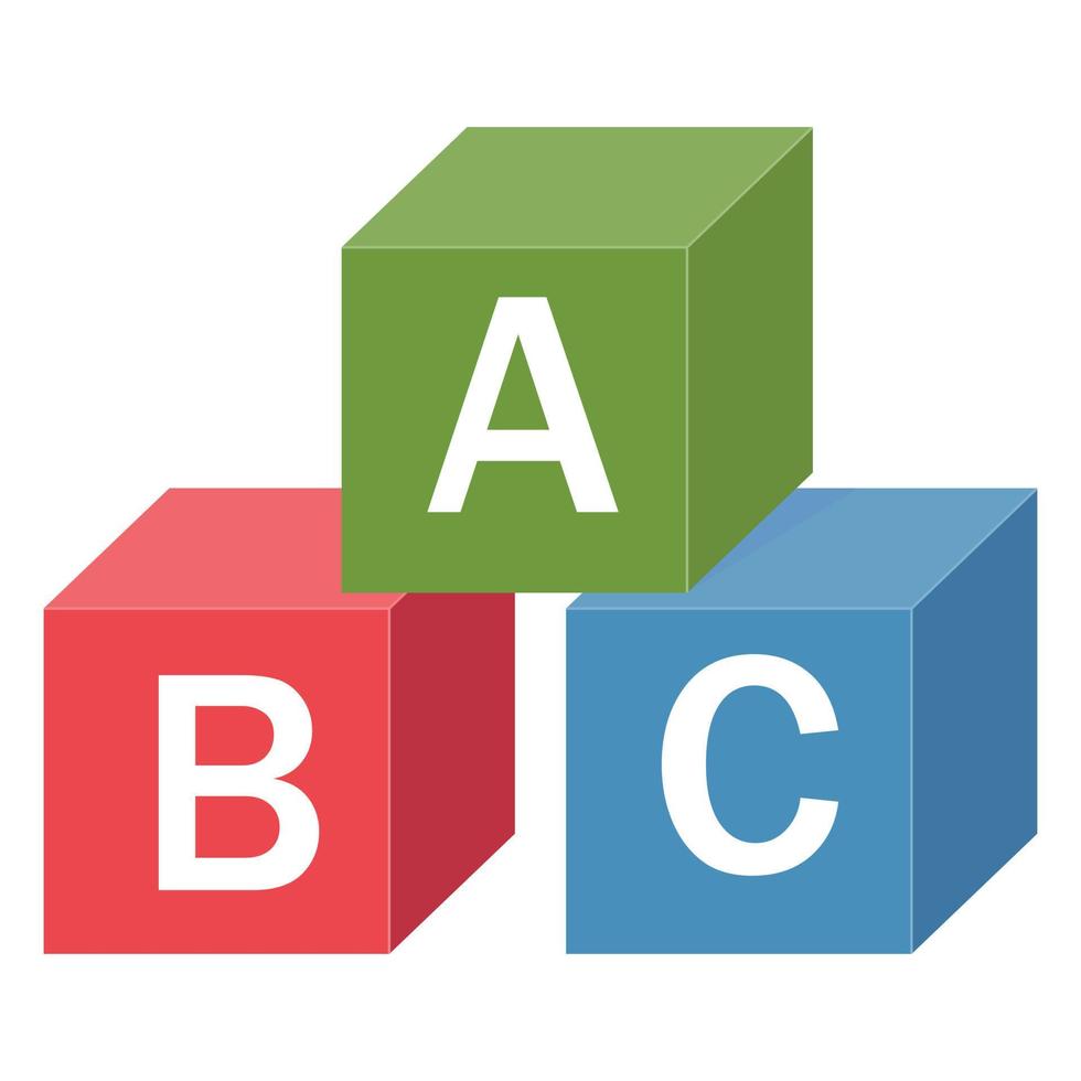 cubos de madera del alfabeto con letras a, b, c, ilustración aislada de vector de color