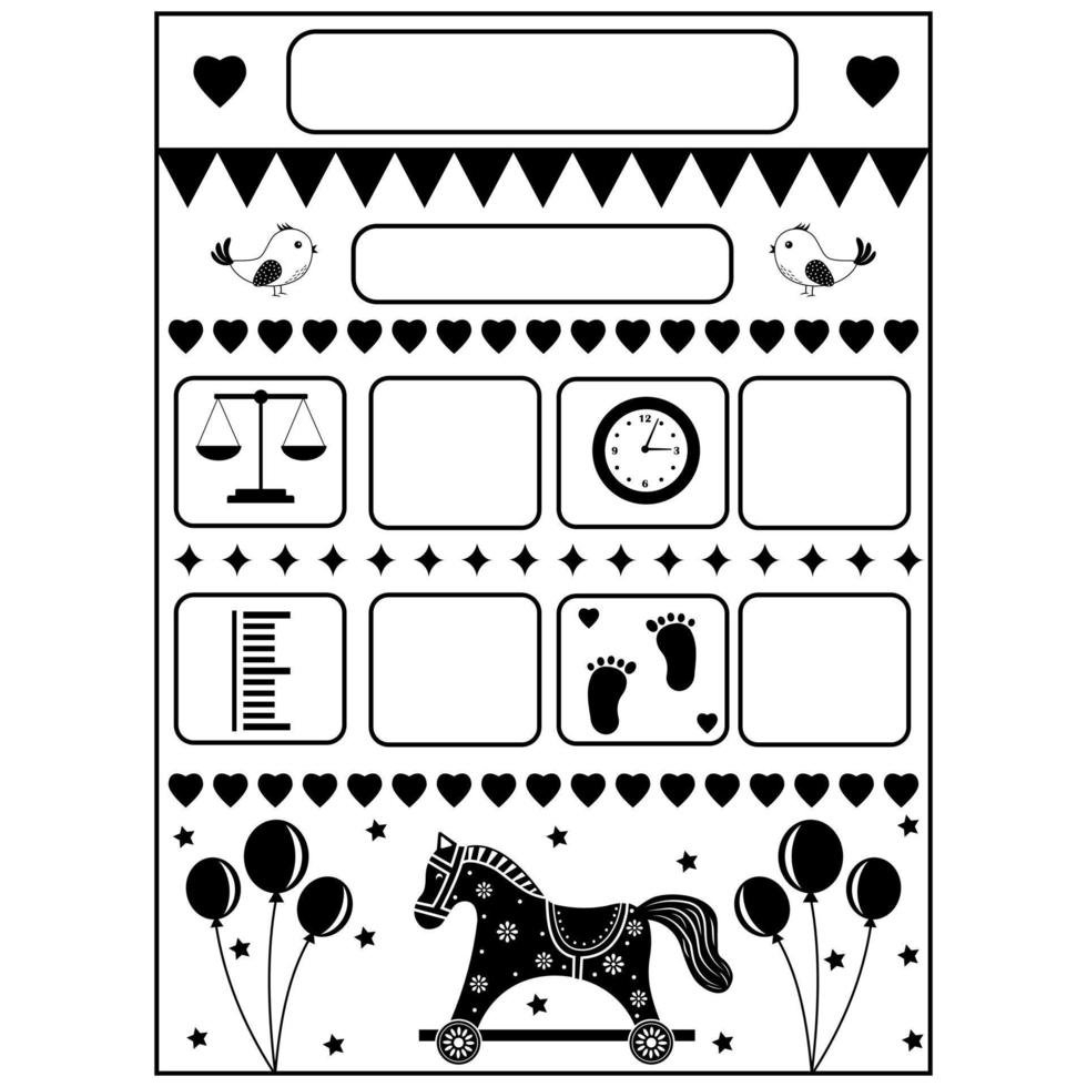 Cartoon template of a child's birth certificate with a wooden horse, metrics. Vector illustration