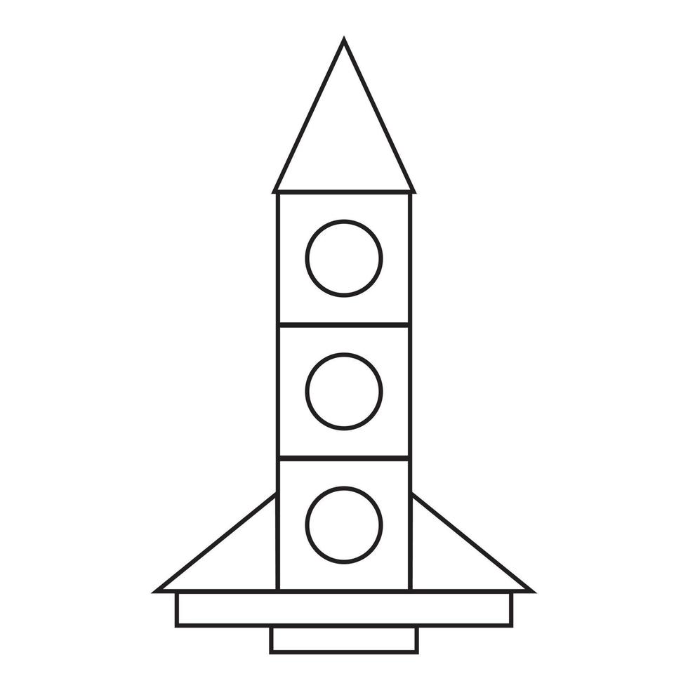 Rocket made of geometric blocks, black outline, coloring, vector illustration on a white background