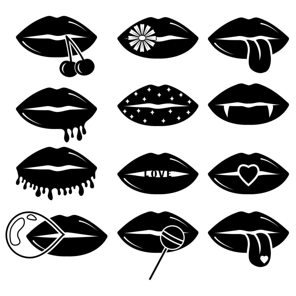 Collection of women's lips. black contour, doodle. Vector illustration of sexy woman's lips. Smile, kiss