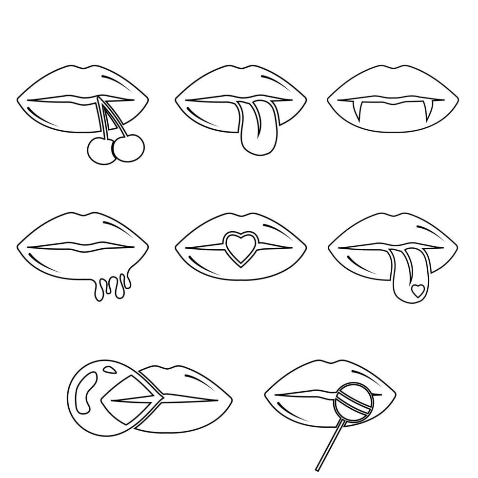 Collection of women's lips. black contour, doodle. Vector illustration of sexy woman's lips. Smile, kiss