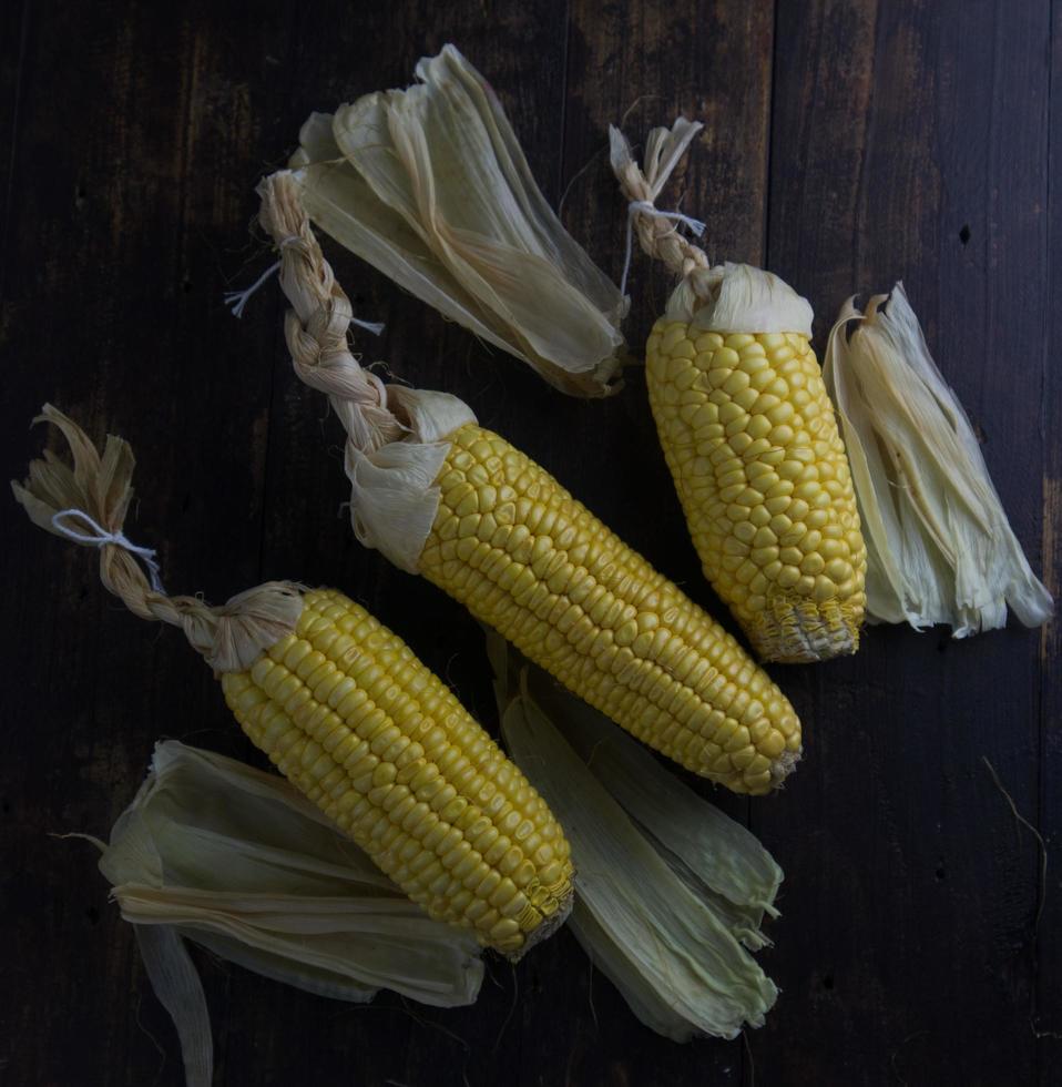 corn cobs in dark wooden background. photo