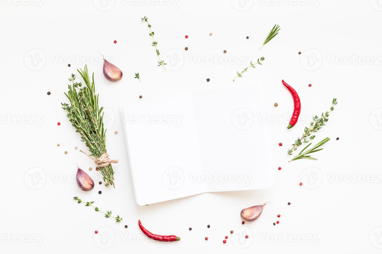 Blank notepad pages with greens herbs and spices photo