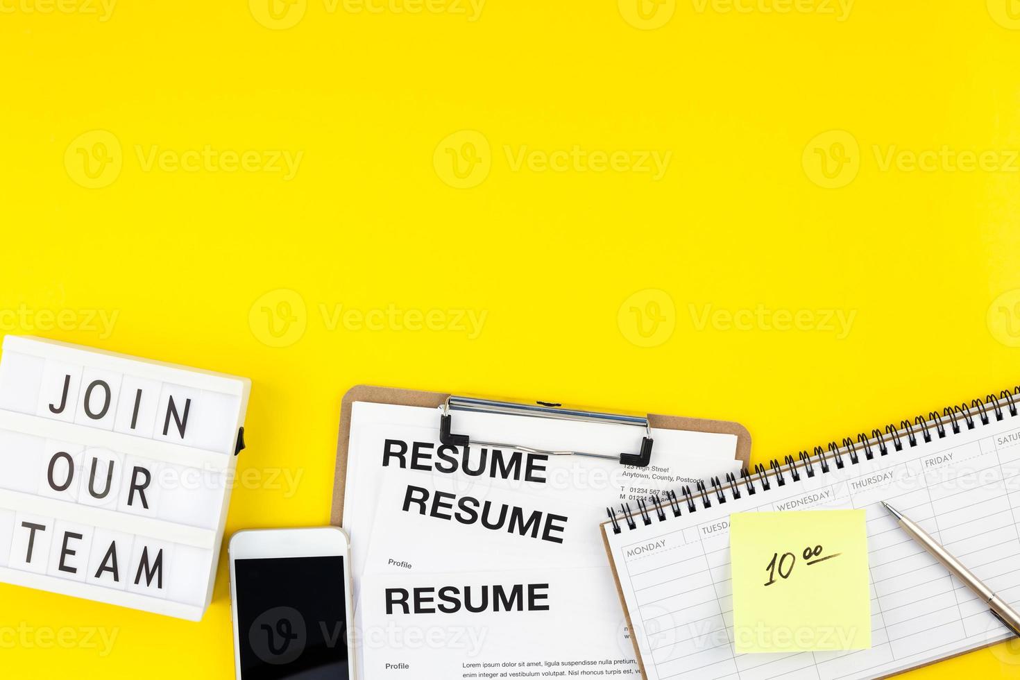 Join our team flat lay on yellow background photo