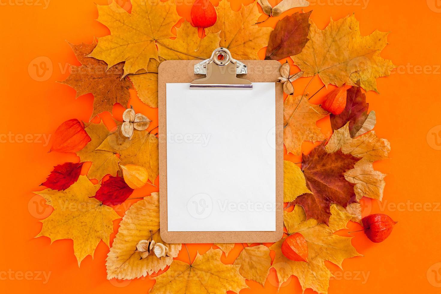 Autumn clipboard mockup with fall leaves photo