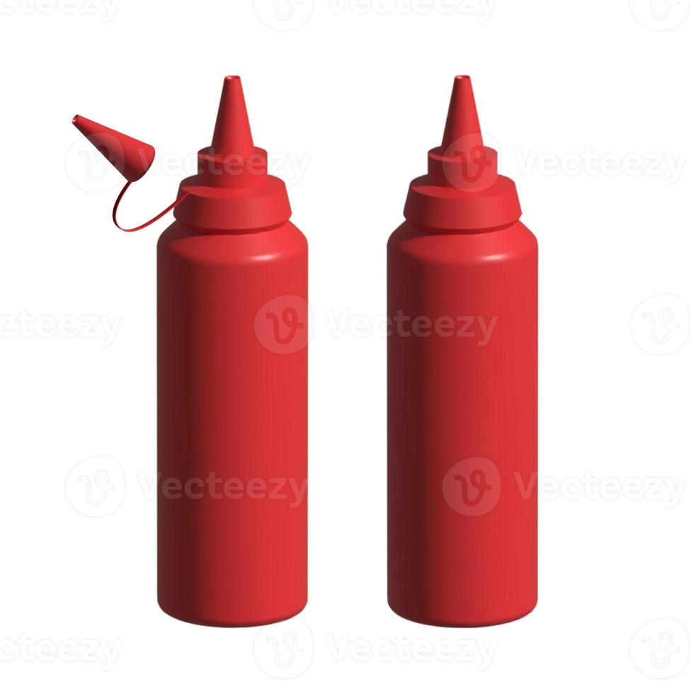 Realistic detailed 3d Ketchup squeeze bottle with splatter on white background photo