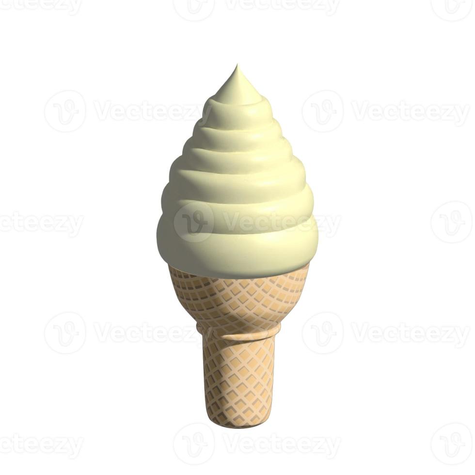 Vanilla ice cream in waffle cone isolated icon. Swirl of soft serve ice cream with textured waffle cup realistic 3d illustration on white. photo