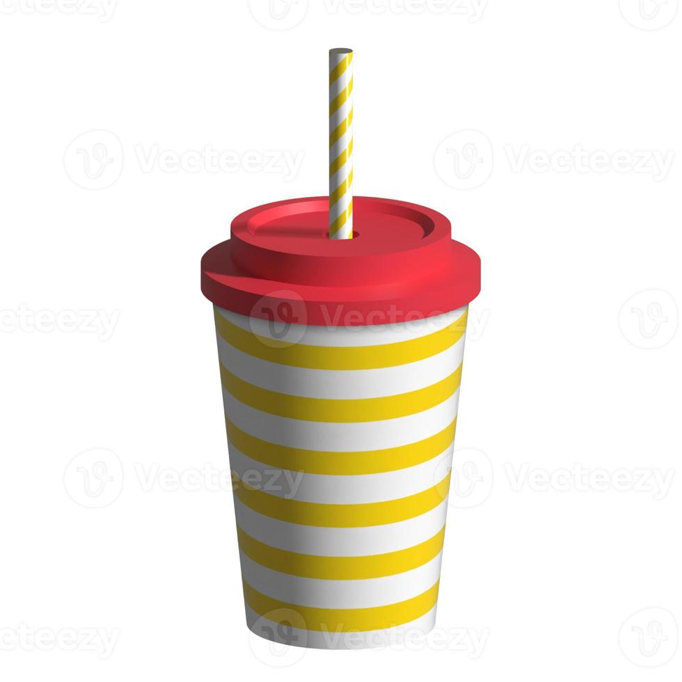 Plantillas de vasos de bebidas de papel desechables para refrescos con pajita. Ilustración de embalaje de refrescos de cartón rayado rojo grande blanco en blanco 3d foto