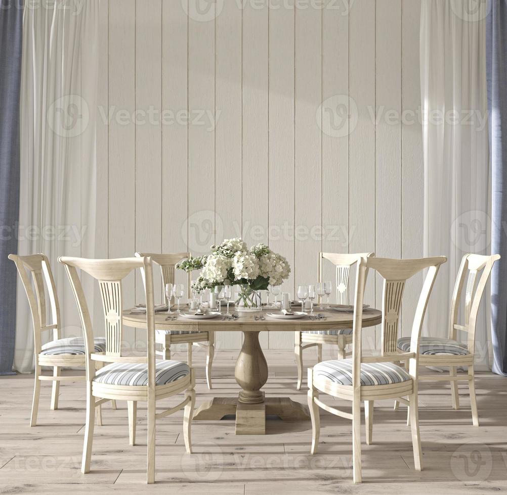 Interior de sala de bodas de diseño costero con mesa de comedor. burlarse de la pared blanca en el fondo de la hermosa casa. Ilustración de render 3d de estilo Hampton. foto