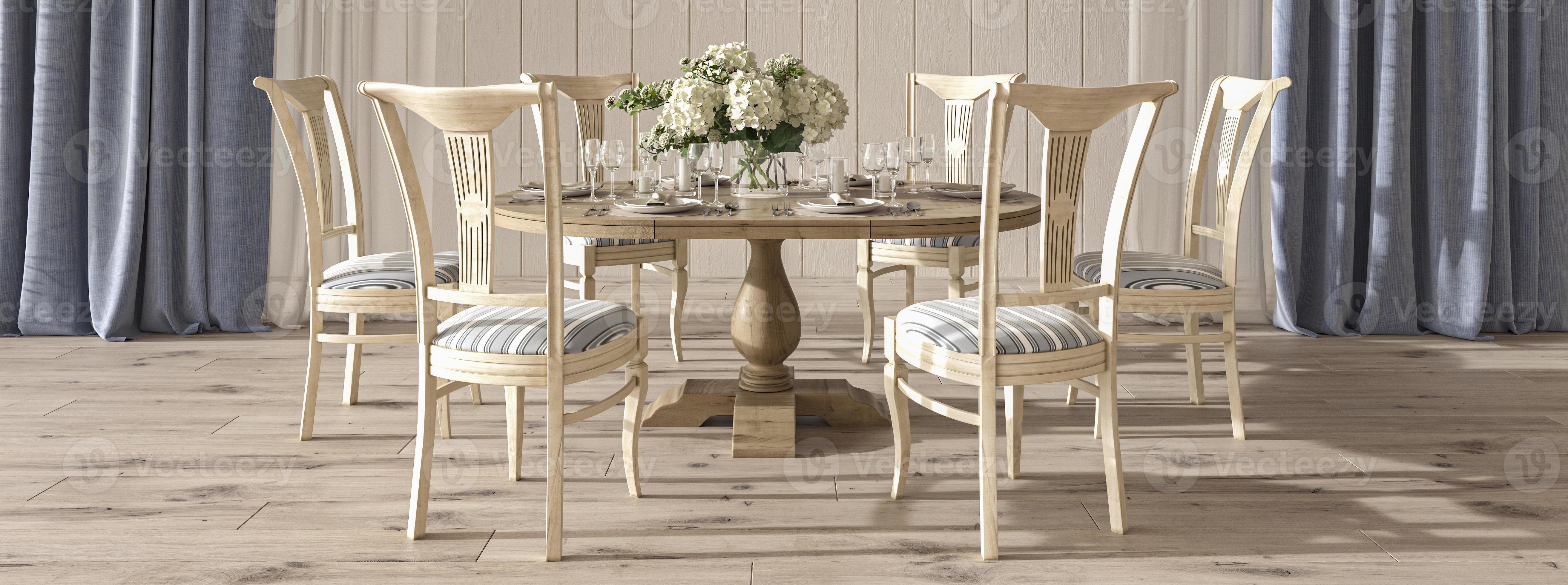 Coastal design room interior with dining table. Beautiful house