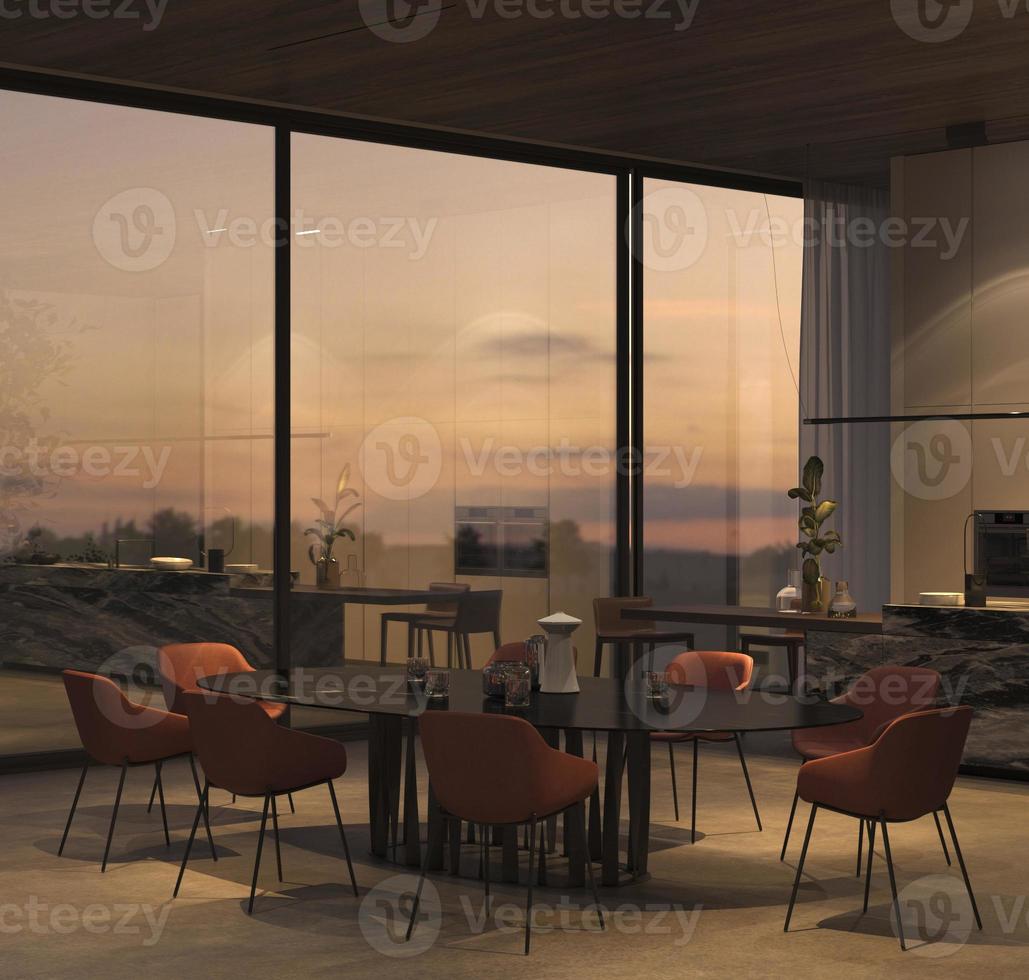 Elegant kitchen and dining room with bright night sky, stone floor