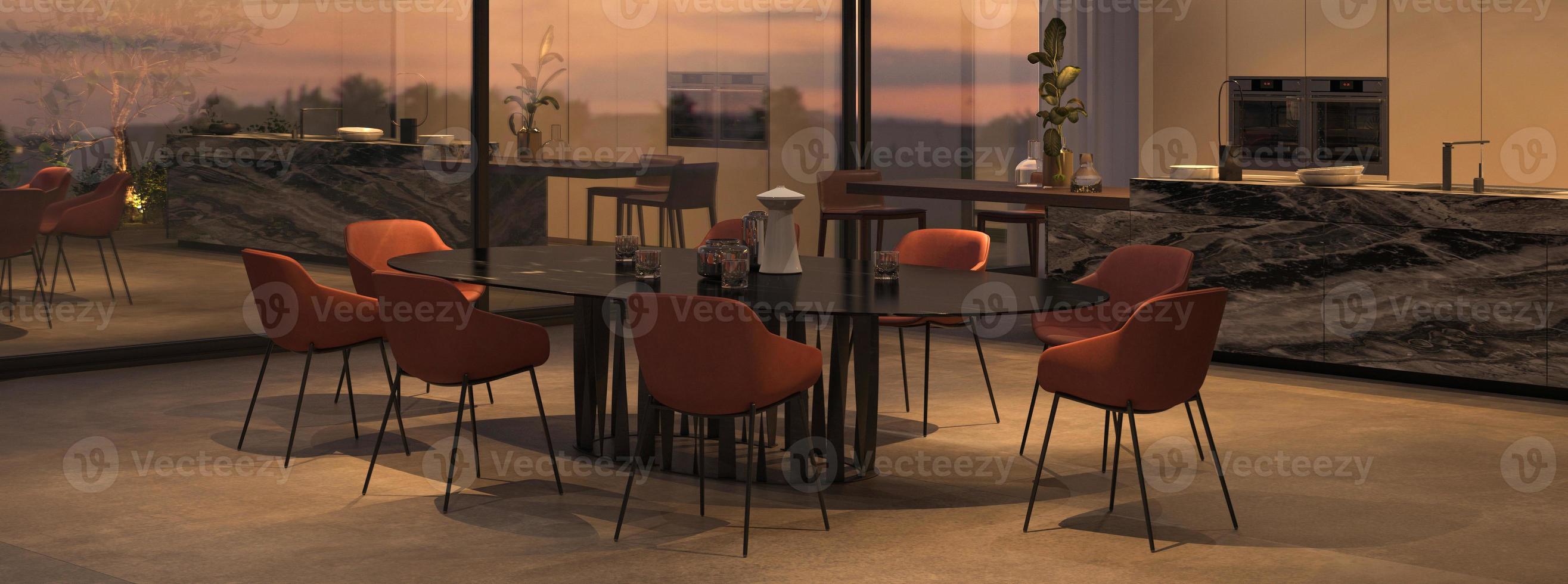 Elegant kitchen and dining room with bright night sky. Windows overlooking the sunset. 3d render illustration interior apartment. Web banner. photo
