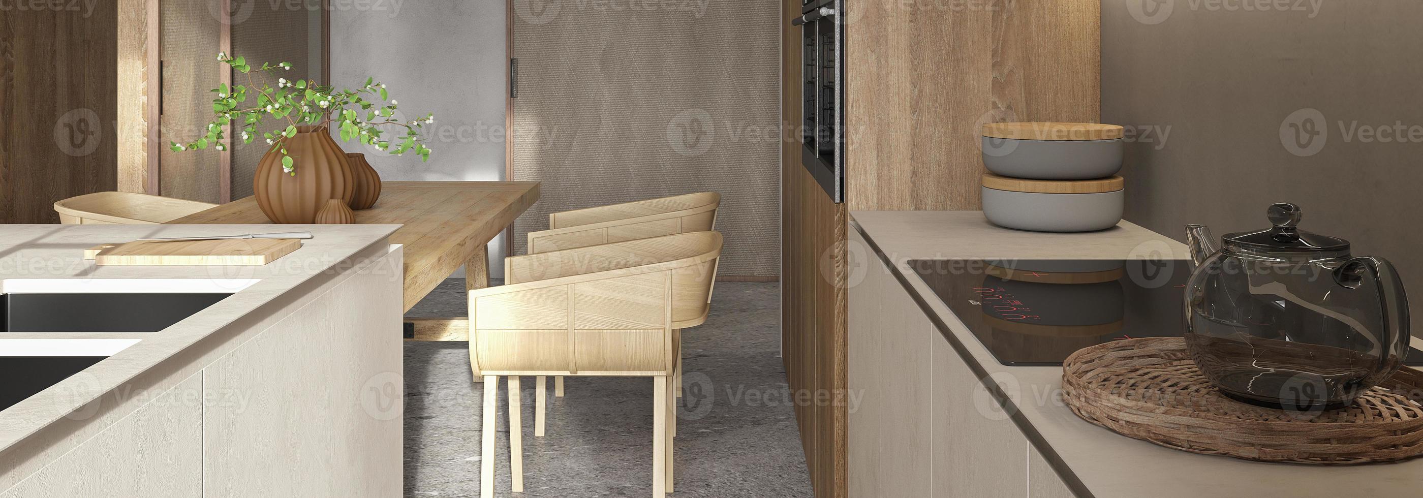 Diseño interior escandinavo minimalista y moderno. cocina y comedor. mesa con platos y plantas verdes. Ilustración de procesamiento 3d. banner web foto