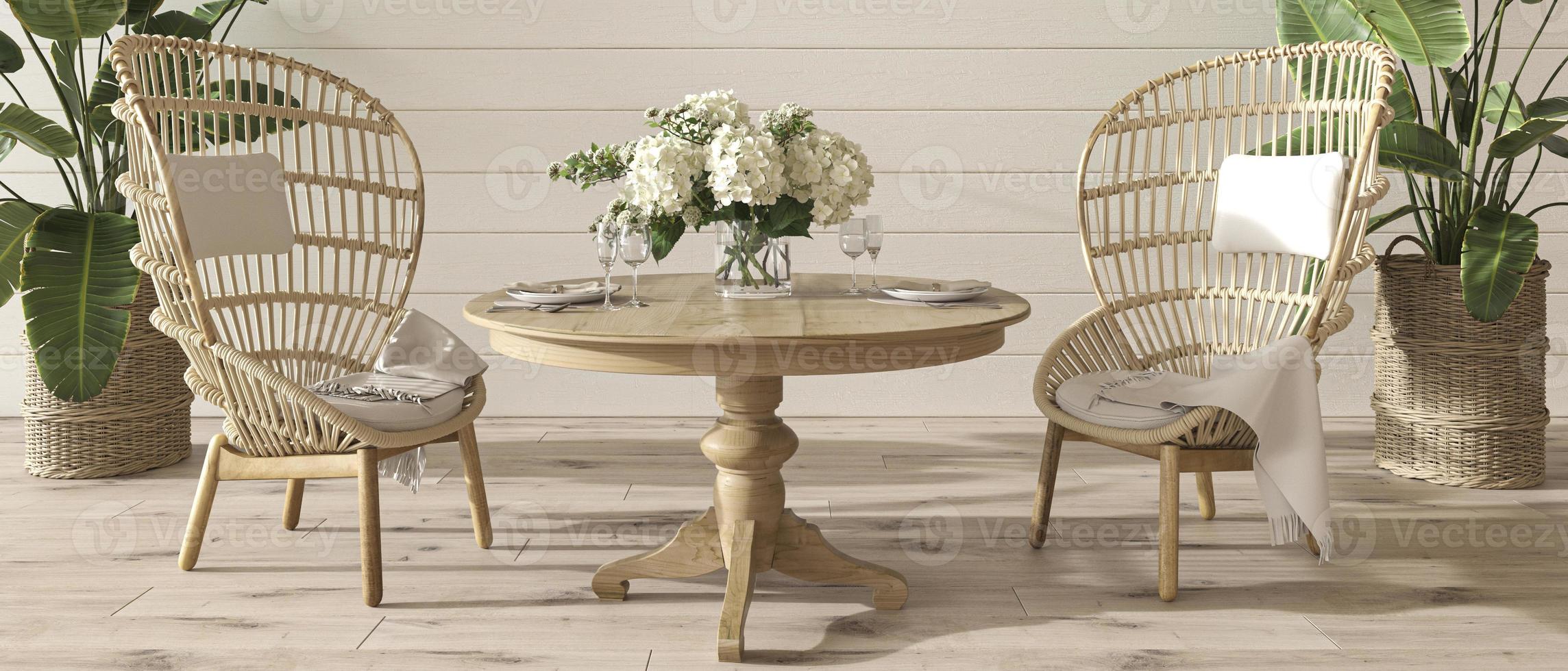 Coastal design dining room with table and wicker furniture. Cozy home interior background. Hampton style 3d render illustration. Web banner. photo